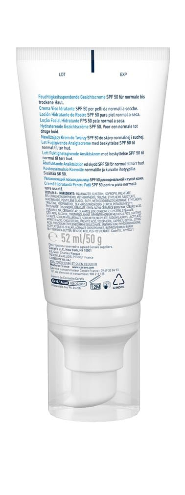 CeraVe, Loción Hidratante de Rostro SPF 50, Para Piel Normal a Seca, Hidratación y Alta Protección Contra los Rayos UVB/UVA, Enriquecida con Ceramidas, 52ml - Imagen 3